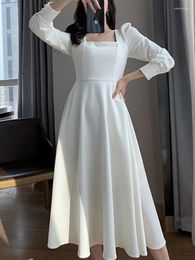 Casual Dresses White Long Women Vintage Summer Dress Female Elegant Square Collar Ladies Korean Fashion Sleeve Vestidos