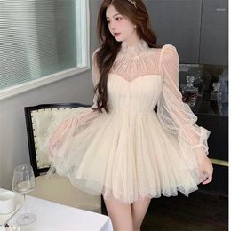 Casual Dresses Spring Autumn Sweet Lantern Sleeve Lace Dress Women Tie Bow Dot Mesh Ladies A Line Short Mini Tutu Party Vestidos