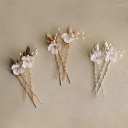 Hair Clips SLBRIDAL Handmade Alloy Leaf Crystal Ceramic Flower Freshwater Pearls Bridal Pins Wedding Sticker Women Jewellery