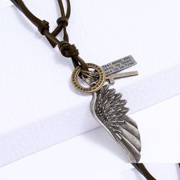 Pendant Necklaces Angel Wing Necklace Retro Letter Id Ring Corss Charm Adjustable Leather Chain For Women Men Punk Fashion Jewelry G Dhzck