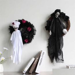 Decorative Flowers Wreaths Halloween Black White Ghost Door Hanging Festival Horror Party Wreath Head Ornaments Haunted House Deco Dhts0