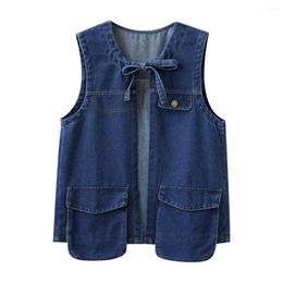 Women's Vests Women Fashion Denim Vest Vintage O-Collar Sleeveless Pocket Lace Loose All-Match Casual Female Waistcoat Chic Tops