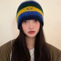 Berets Korean Version Ins Striped Knitted Hat Women's Versatile Trend Letter Embroidery Parent-child Outdoor Warm Skull Beanie Hats