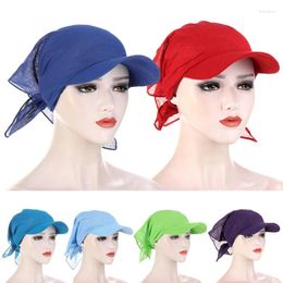 Visors Fashion Women Brim Cap Sun Visor With Pre-Tied Turban Caps Head Scarf Hijab Pure Color Muslim Beach Female Outdoor Hat