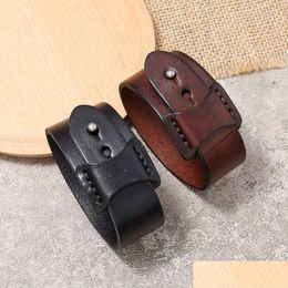 Bangle Punk Black Wide Leather Bracelet Cuff Exotic Wristband For Men Fashion Jewellery Drop Delivery Bracelets Dh2Yu