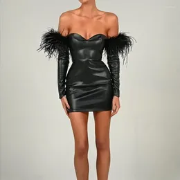 Casual Dresses Sexy Off The Shoulder Faux Leather Dress Women Clubwear Night Party Strapless Feathers Long Sleeve Mini Short Vestidos