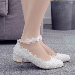 Dress Shoes Low Block Heels Platform Women Pumps White Lace Mary Jane Ladies Wedding Bride