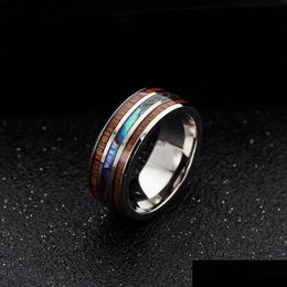 Band Rings 8Mm Inlay Hawaiian Koa Wood Abalone Shell Finger Wedding Titanium Stainless Steel Ring For Women Men Fashion Jewelry Will Dhmv1