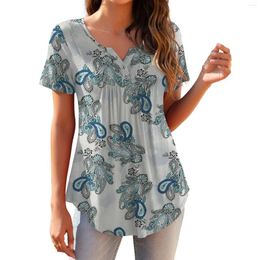 Women's T Shirts Vintage Paisley Print Button Casual V Neck Short Sleeved Tees Loose Tunic Tops Daily Wear Female Clothes