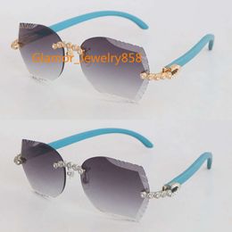 Selling Moissanite Diamond Set Rimless Blue Wooden Sunglasses Womans Wood Sunglass Men 8200762 Male and Female Vintage Sun Glasses Size 60