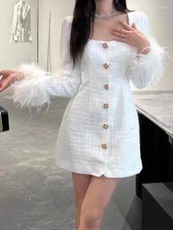 Casual Dresses Women Mini Dress Square Collar Pearl Diamond Buttons Cuffs Feather Tassels 2024 Spring Elegant Slim Robe