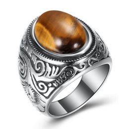 Solitaire Ring Ancient Sier Stainless Steel Tiger Eye Turquoise Stone Band Retrol Floral Chunky Rings For Men Women Fashion Jewellery Dh2Ag