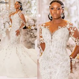 Luxurious Rhinestones Lace Mermaid Wedding Dresses For African Black Girls Long Sleeves O-Neck Plus Size Bridal Gowns Slim and Flare Bride Vestidos De Novia CL3289