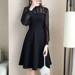 Casual Dresses 2024 Spring Autumn Elegant Black Party Women A Line Large Hem Lace Dress Ladies Lantern Sleeve Big Size Mesh Vestidos