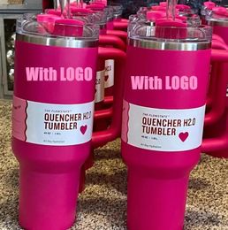 QUENCHER H2.0 40OZ Mugs Cosmo Pink Parade Tumblers Insulated Car Cups Stainless Steel Coffee Termos Tumbler Valentine's Day Gift Pink Sparkle GG0206