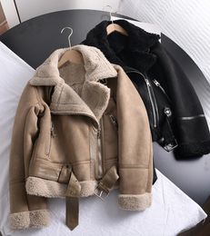 RARF Winter Women Thick Warm Suede Lamb Jacket Short Motorcycle Brown Coats Faux Shearling Sheepskin Leather Jackets Outwear 240124
