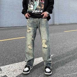 Men's Jeans American High Street Washed Old Cut Hole Fashion Hiphop Loose Straight Pants