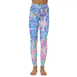 Yoga Outfits Winter Women's Blue Pattern Colorful Stitching Fitness Running Nine-minute Pants Breathable More Suitable For Sports#P25