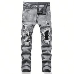 Stretchy Denim Jeans Streetwear Tearing Patchwork Holes Ripped Denim Elastic Waist Casual Pants Slim fit Straight Trousers 240124