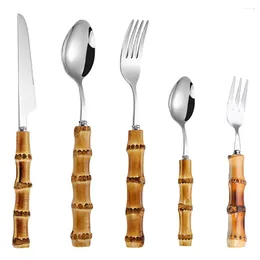 Flatware Sets 1 Set Tableware Bamboo Handle Stainless Steel Dinnerware Steak Fork Spoon