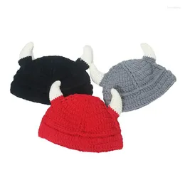 Berets Handmade Viking Crochet Beanie Funny Hats With Bull Horns