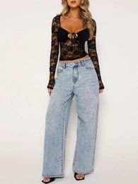 Women's Tanks Women Floral Lace Bralette And Long Sleeve Crop Top 2pcs Outfits See Through Fitted Sexy Low Cut Sheer Blouse Party Tops