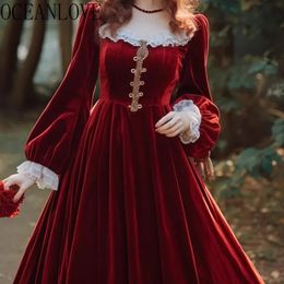 OCEANLOVE Hepburn Style Women Dresses Velvet Red Years Spring Autumn Vestidos Mujer Lace Ruffles Vintage Long Dress 240129