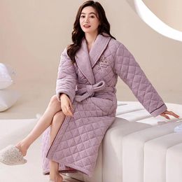Women's Sleepwear Inside Warm Flannel Super Thicken Shower Robe 3-Layer Winter 2024 Dresses Casual Solid Plaid For Women Ropa Mujer