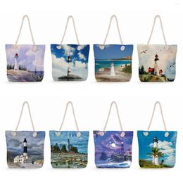 Evening Bags Thick Rope Travel Beach Lighthouse Print Handbags Women Tote Landscape Design Shopping Casual High Capacity Daily