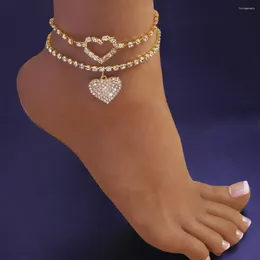 Anklets 2 Pcs/Set Women Anklet Rhinestones Inlaid Heart Pendant Shiny High-end Durable Decorate Ankle Symmetric Hollow Out Exquisite Leg