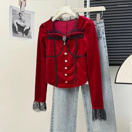 Women's Blouses Korejepo Red Velvet Top Year Wear Twinkle Shirt Women Autumn Winter Spicy Girl Square Neck Lace Edge Waist Slim Fit Tops