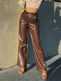 Women's Pants Leather Fashion PU Solid Korean Style Baggy Wide Leg Trousers Streetwear High Waist Elasticity