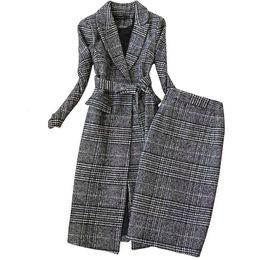 Plaid Suit Women Autumn Winter Long Woolen Blazer Skirt Set Temperament Tweed Trench Two Piece Ladies Outfit f1834 240202