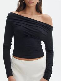 Women's T Shirts Women Off Shoulder Crop Tops Long Sleeve Solid Colour Slim Fit Ruched T-Shirts Dressy Blouses