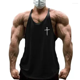 Men's Tank Tops Fashion Personalized Cross Print Gym Bodybuilding Fitness Y-back Outdoor Casual Cotton Breathable Summer T-Shirt