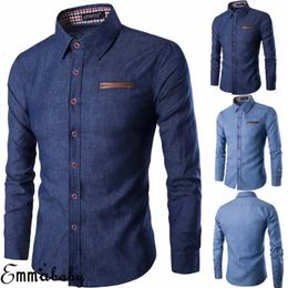 Men's Fashion Denim Dress Shirt Solid Colour Long Sleeve Slim Fit Button Down Casual Top Male Luxury Formal Shirts 240126