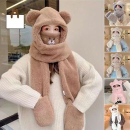 Berets Plush Beanie Hat Scarf Fashion Windproof Cartoon Bear Gloves Set Keep Warm Thickened Integrated Woman Girls