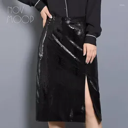 Skirts Novmoop Genuine Leather Women Pencil Skirt Mid-calf Length Elegant Formal Office Lady Daily Wear LT3609