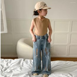 Trousers Children Clothing Kids Denim Pants 2024 Spring Girls Vintage Design Sense Fashionable Casual Simple Wide-leg