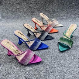 Slippers Luxury Rhinestone Women's Shoes 2024 Colorful Black Open-toed High-heeled Stilettos Pointy 10CM