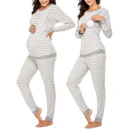 Women's Maternity Pyjamas Striped Nursing Sleepwear Full Sleeve Nursing Pyjama Set Breastfeeding Clothes 240119