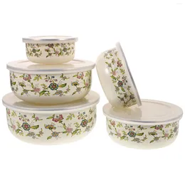 Dinnerware Sets 5 Pcs Enamel Bowl Serving Bowls Salad Mixing With Lid Container Metal Lids Storage Large