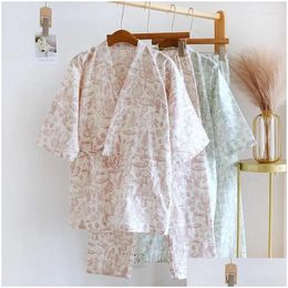 Womens Sleepwear Cotton Yarn Summer Women Pajama 2Pcs Japanese Kimono Pajamas Ladies Homewear Suit Casual Floral Printed Drop Delivery Otyg0