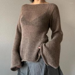 Men's Sweaters Y2K Tie Back Women Long Sleeve Boat Neck Solid Colour Knitted Pullover Casual Crochet Tops 2024 Fall
