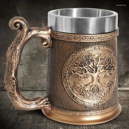 Mugs Retro Tree Of Life Beer Mug Resin Stainless Steel Coffee Mediaeval Viking Double Wall Jug Water Cup Large Capacity