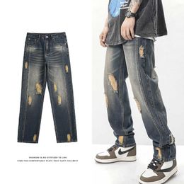 Men's Jeans American Style High Street Washed Distressed for Boys Instagram Trendy Hiphop Loose Straight Leg Pants