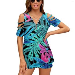 Women's T Shirts Tropical Neon Flower Pattern T-Shirt Summer Fashion Print Floral V-Neck Zipper Tshirt Hollow Pullover