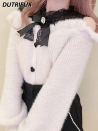 Women's Sweaters Sweet Lolita Winter Clothes Women Off Shoulder Sweater Pullover Student Elegant Long Sleeve Knitwear Bow Lace Waist Slim