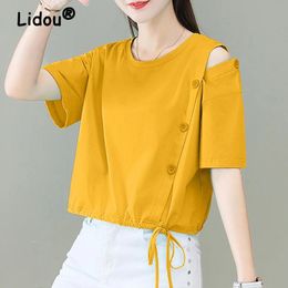 Women Y2K Hollow Lace Up Simple Casual Cute Basic T Shirt Summer Trendy O Neck Short Sleeve Solid Loose Pullover Tops Ropa Mujer 240124