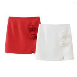 Skirts Women Fashion Flower Embellished Mini Skirt Vintage Mid-Waist Slim All-Match Casual Chic Female Short Mujer